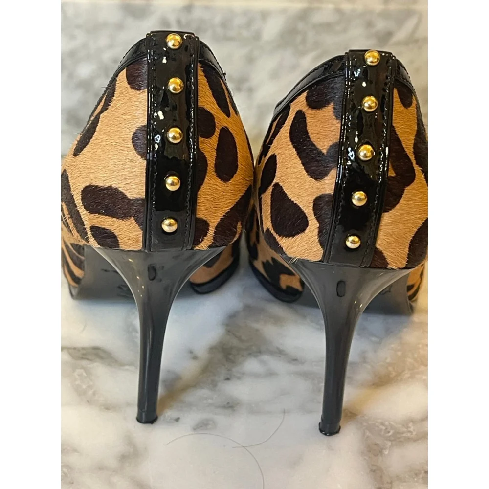 Y2K Bourne London Leopard Pony Hair Patent Leather Peep Toe Stiletto Heels Sz 37